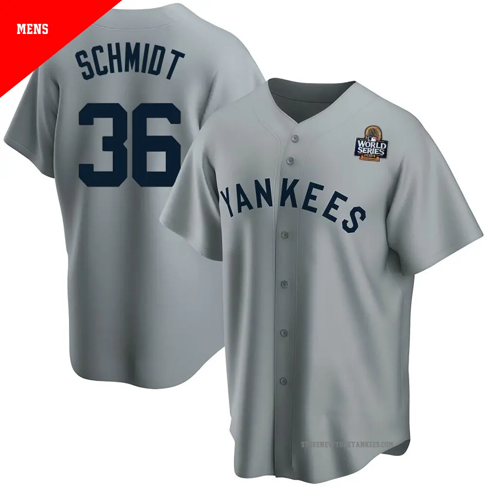 Men's ＃36 Clarke Schmidt New York Yankees Gray Replica Road Cooperstown Collection 2024 World Series Jersey