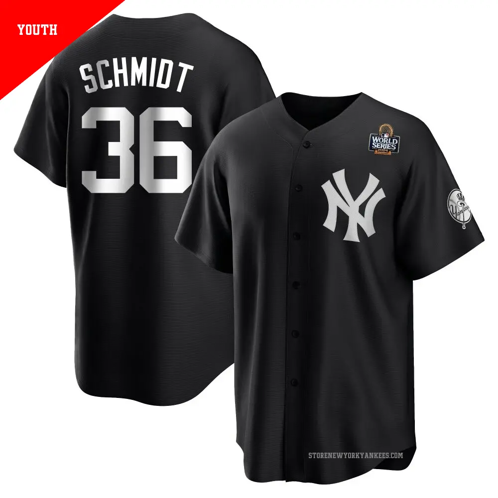 Youth ＃36 Clarke Schmidt New York Yankees Black/White Replica 2024 World Series Jersey