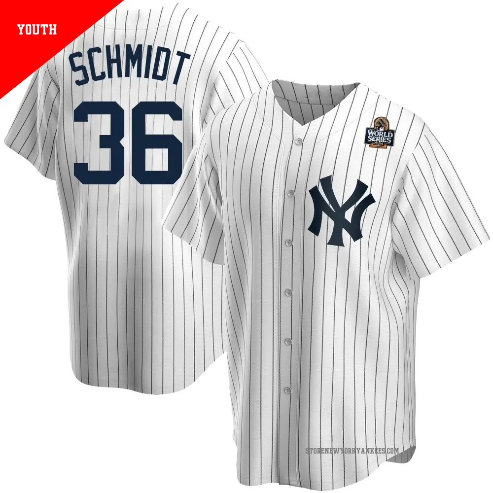 Youth ＃36 Clarke Schmidt New York Yankees White Replica Home 2024 World Series Jersey