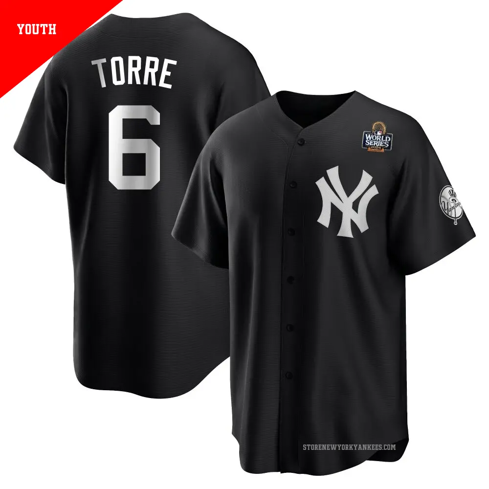 Youth ＃6 Joe Torre New York Yankees Black/White Replica 2024 World Series Jersey